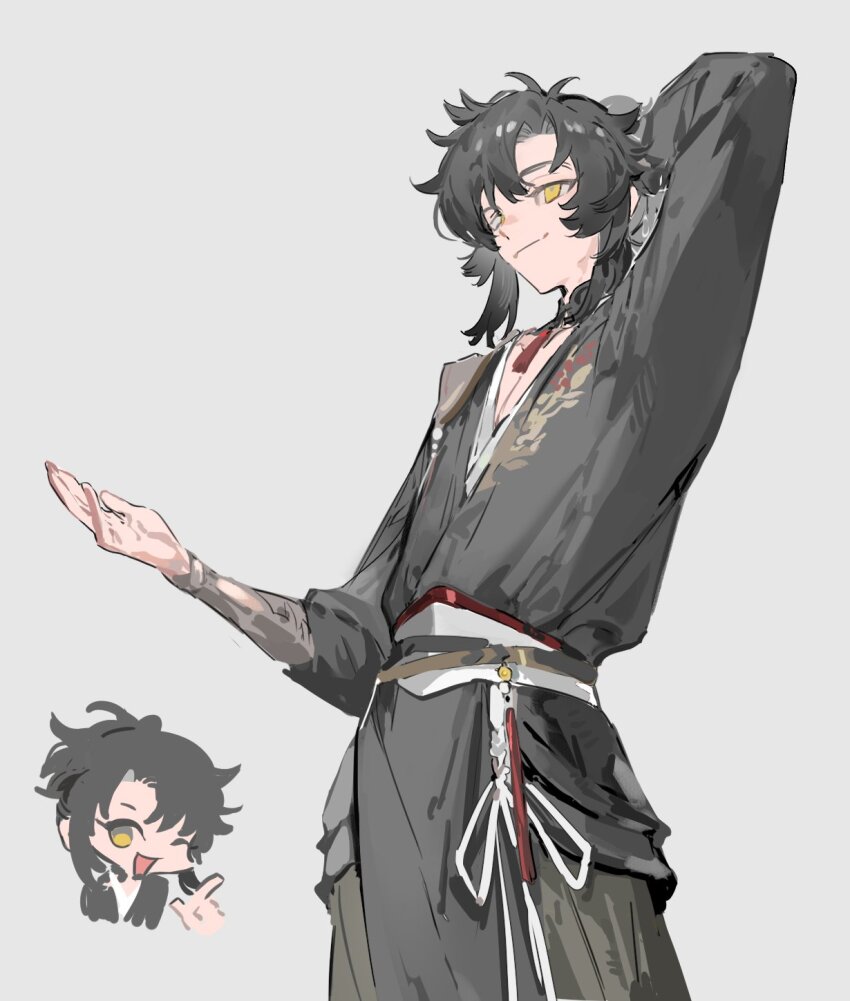 1boy arm_up arms_behind_head black_hair chibi chibi_inset chinese_clothes closed_mouth grey_background hair_between_eyes highres long_sleeves male_focus one_eye_closed original qyzhiaiyisheng short_hair simple_background smile yellow_eyes