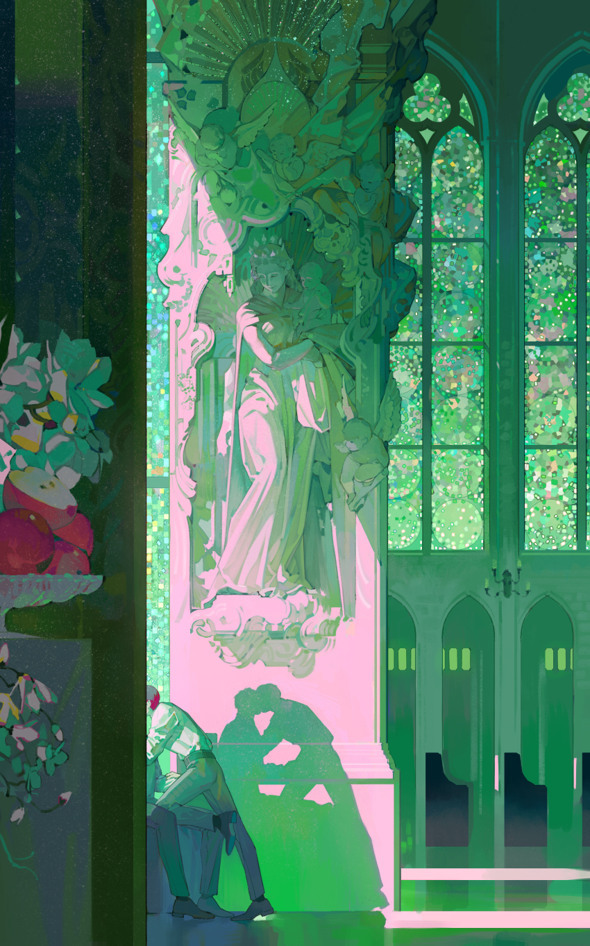 2boys absurdres flower green_theme highres indoors kiss male_focus multiple_boys original red_hair reflection shadow short_hair standing statue white_flower wide_shot window xiaoquandianer yaoi