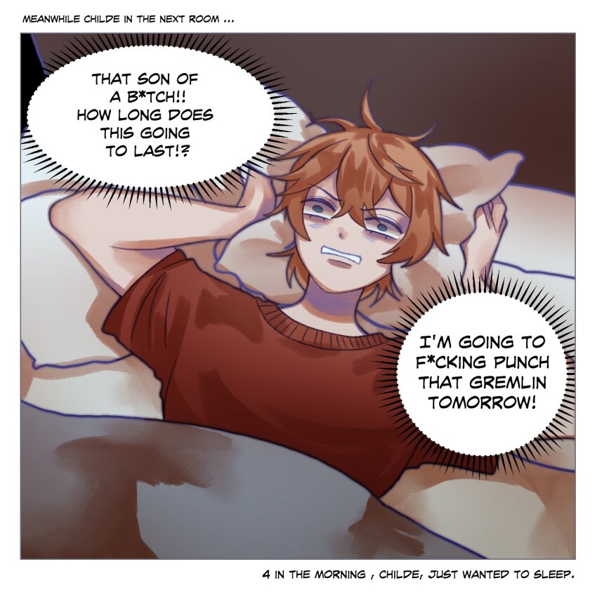 1boy alternate_costume alternate_universe arms_up blue_eyes constricted_pupils contemporary empty_eyes frown genshin_impact head_on_pillow highres koviiy looking_at_viewer lying male_focus on_back on_bed open_mouth orange_hair pillow pillow_grab red_shirt red_sleeves ribbed_collar shirt short_sleeves solo tartaglia_(genshin_impact) under_covers white_mouth