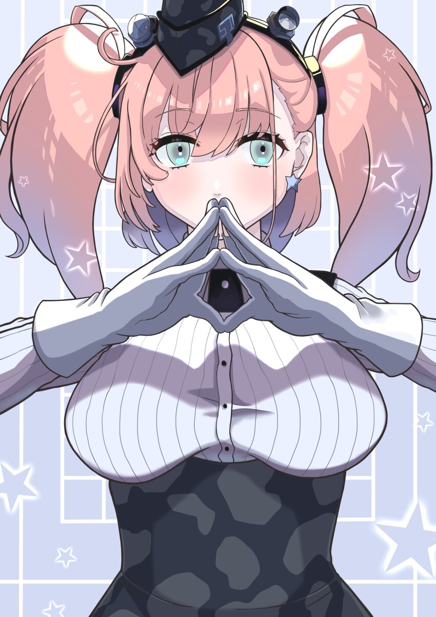 1girl absurdres anchor_hair_ornament atlanta_(kancolle) brown_hair camouflage collared_shirt commentary_request dress_shirt earrings garrison_cap gloves grey_eyes hair_ornament hat high-waist_skirt highres jewelry kantai_collection long_hair long_sleeves neko_to_imo shirt skirt solo star_(symbol) star_earrings steepled_fingers striped_clothes striped_shirt suspender_skirt suspenders two_side_up upper_body white_gloves white_shirt