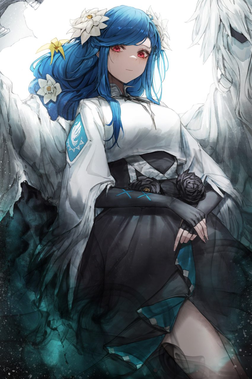 1girl absurdres angel_wings black_dress black_flower black_gloves braid braided_ponytail closed_mouth dizzy_(guilty_gear) dress elbow_gloves flower gloves guilty_gear guilty_gear_strive hair_flower hair_ornament highres long_hair long_skirt looking_at_viewer necro_(guilty_gear) onedr queen_dizzy ribbon shaded_face sidelocks simple_background skirt solo swept_bangs thighs undine_(guilty_gear) white_background white_flower wings yellow_ribbon
