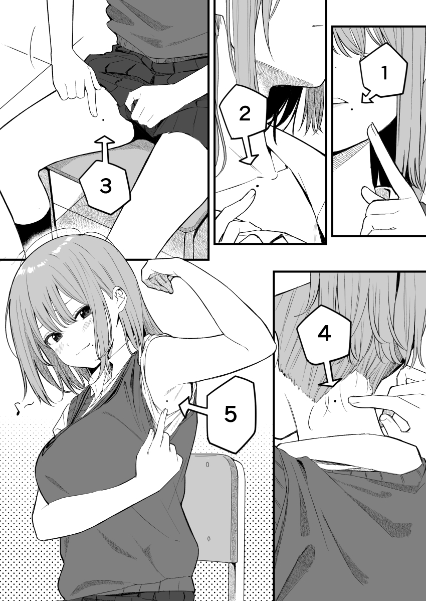 1girl absurdres armpits blush chair close-up clothes_lift collarbone collared_shirt comic counting eighth_note greyscale halftone halftone_background highres holding holding_own_hair lifting_own_clothes mameroku mole mole_on_armpit mole_on_collarbone mole_on_neck mole_on_thigh mole_under_mouth monochrome musical_note original parted_lips pleated_skirt pointing school_chair shirt sitting skirt skirt_lift sleeves_pushed_up smile socks sweater_vest translation_request