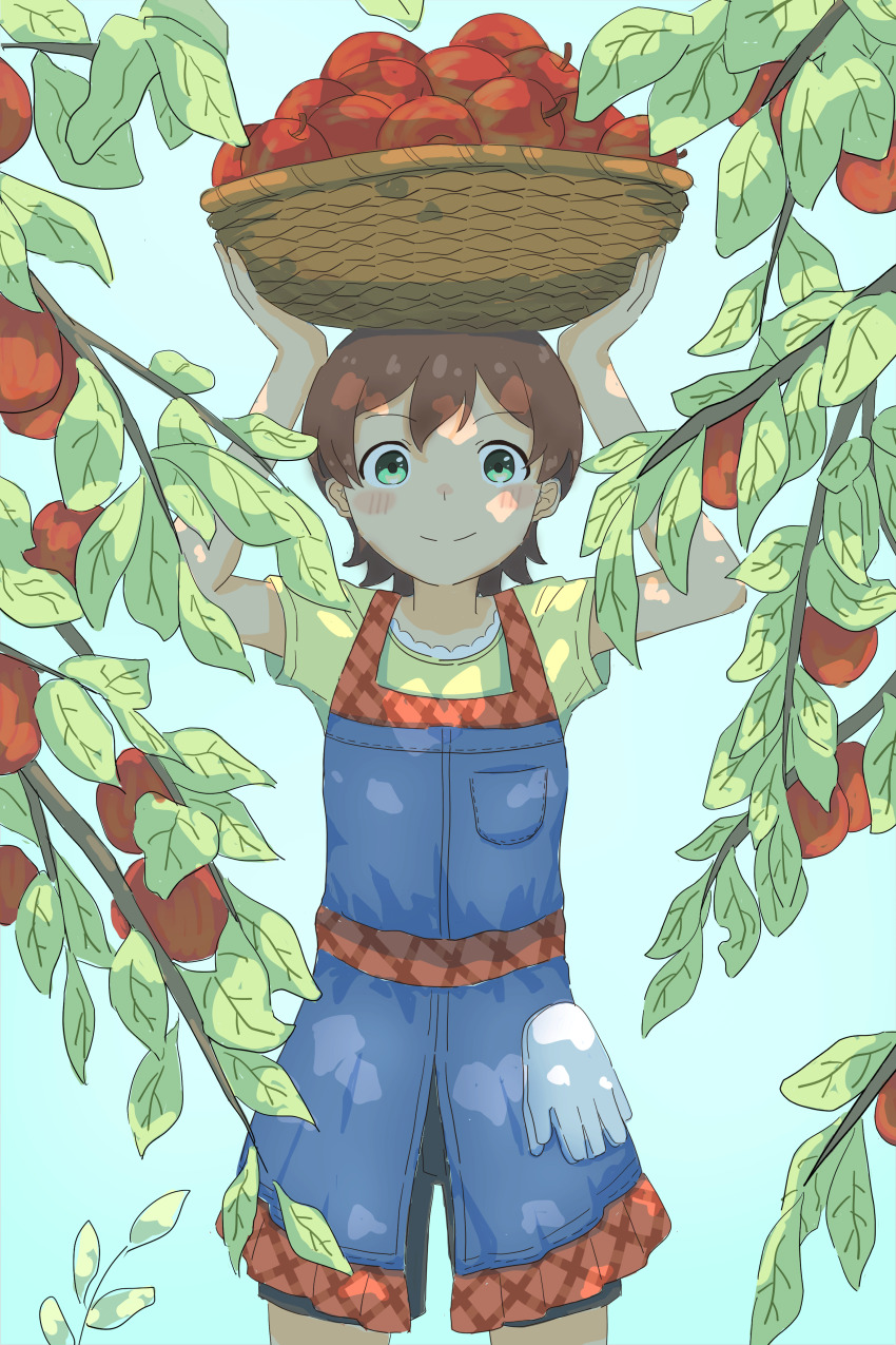 1girl absurdres apple basket basket_on_head blue_background branch brown_hair closed_mouth commentary_request cowboy_shot eco_(rzgs7543) food fruit gloves green_eyes highres idolmaster idolmaster_million_live! idolmaster_million_live!_theater_days kinoshita_hinata leaf looking_at_viewer shirt short_sleeves smile solo split_mouth unworn_gloves yellow_shirt