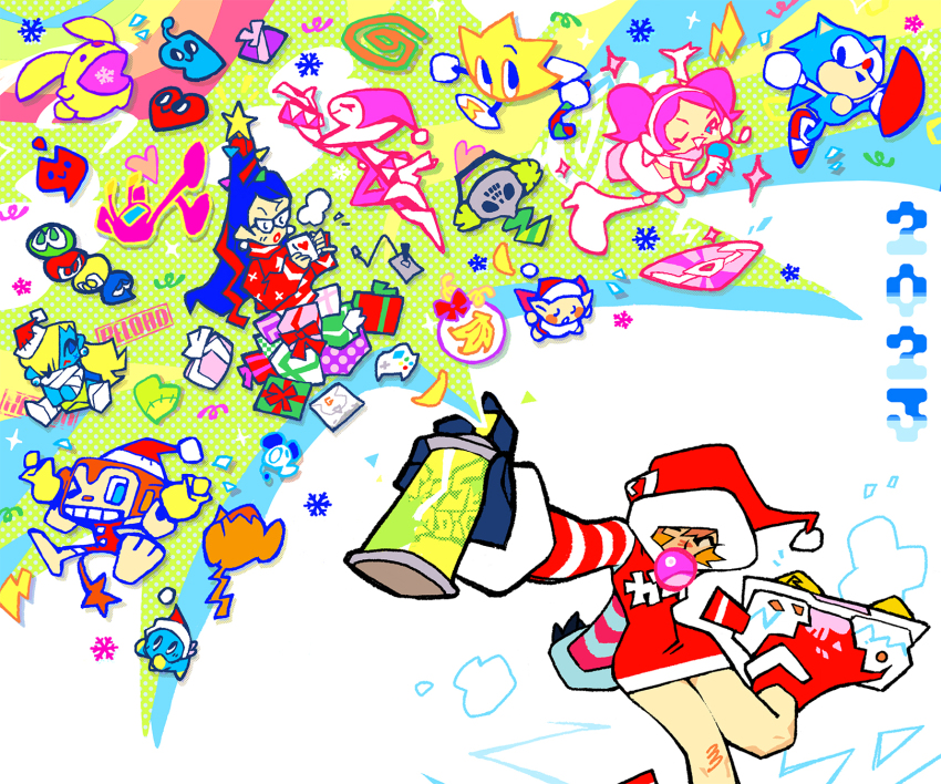 &gt;_&lt; 1other 2023 4boys 4girls amigo arms_behind_head banana bayonetta bayonetta_(series) bell black_gloves blonde_hair blowing_bubble_gum blowing_bubbles blue_eyes blue_skin boots candy candy_cane carbuncle_(puyopuyo) cd chao_(sonic) character_request check_character check_copyright chewing_gum christmas chu_chu_rocket chubei closed_eyes colored_skin company_connection copyright_name copyright_request crossover cup dreamcast_controller dress earrings elbow_gloves food fruit game_console gift glasses gloves gum_(jsr) hair_ornament hair_over_one_eye hair_ribbon handbell hat headset heart highres holding holding_bell holding_candy holding_candy_cane holding_cup holding_food house_of_the_dead itsmung jester_cap jet_set_radio jewelry kapu_kapu knee_boots long_sleeves loving_deads:_the_house_of_the_dead_ex monkey morolian multiple_boys multiple_girls neutral_chao nights_(character) nights_into_dreams one_eye_closed orange_hair pink_hair puyopuyo red_dress red_footwear red_lips red_nose red_ribbon ribbon ristar ristar_the_shooting_star roller_skates samba_de_amigo santa_hat sega sega_dreamcast skates sketchynomicon skirt smile snowflakes sonic_(series) sonic_the_hedgehog sonic_the_hedgehog_(classic) space_channel_5 spiral spray_can star_(symbol) star_hair_ornament striped_sleeves sweater turtleneck turtleneck_sweater twintails ulala white_footwear white_gloves white_skirt zobiko zombie