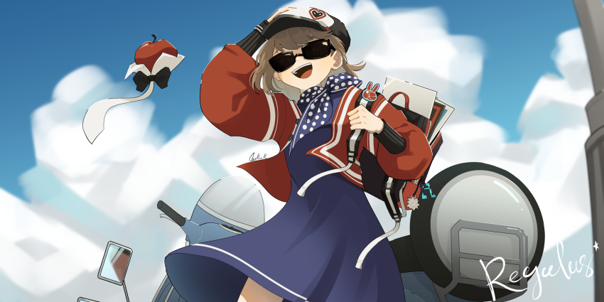 1girl absurdres apple apple_(reverse:1999) backpack bag bag_charm black_bow black_bowtie blue_dress blue_neckerchief blue_sky bow bowtie brown_hair character_name charm_(object) cloud cowboy_shot daku_k day dress facing_up food fruit hand_on_headwear hands_up hat highres holding_strap jacket long_sleeves motor_vehicle neckerchief newsboy_cap open_bag open_mouth polka_dot_neckerchief puffy_long_sleeves puffy_sleeves record_jacket red_jacket regulus_(reverse:1999) reverse:1999 scooter short_dress short_hair signature sky smile solo sunglasses teeth tongue traditional_bowtie upper_teeth_only