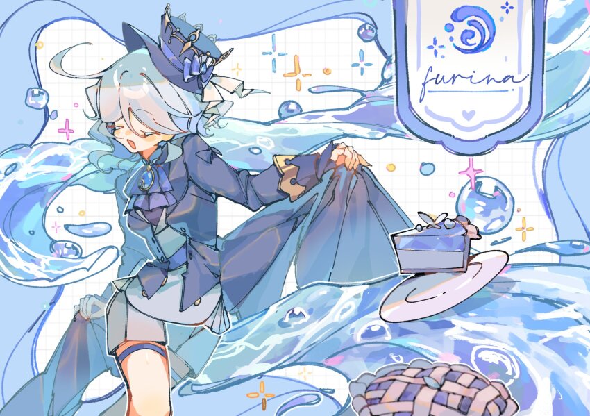 1girl :d ahoge ascot black_ascot blue_bow blue_brooch blue_hair blue_hat blue_jacket bow cake cake_slice character_name closed_eyes food furina_(genshin_impact) genshin_impact hair_between_eyes hat highres hydro_symbol_(genshin_impact) jacket multicolored_hair myun_(myun_art) open_mouth ouji_fashion pie simple_background smile solo standing streaked_hair top_hat water white_background white_hair