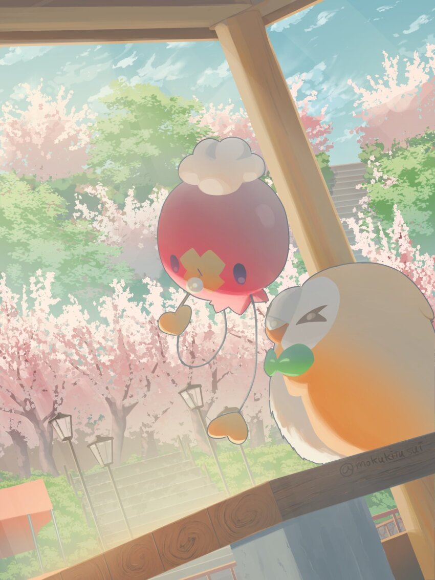 &gt;_&lt; closed_eyes cloud commentary_request day drifloon gen_4_pokemon gen_7_pokemon highres holding lamppost mokukitusui nintendo no_humans outdoors pokemon pokemon_(creature) rowlet sky stairs tree twitter_username