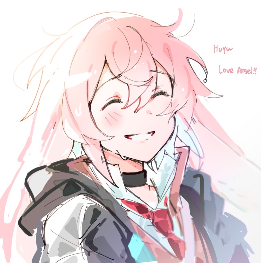 1boy ^_^ animal_ears ansel_(arknights) arknights black_choker black_jacket blush choker closed_eyes collared_shirt facing_viewer floppy_ears highres jacket male_focus necktie pink_hair rabbit_ears red_necktie shirt simple_background smile solo upper_body wed_(lim38869577) wet wet_hair white_background white_shirt