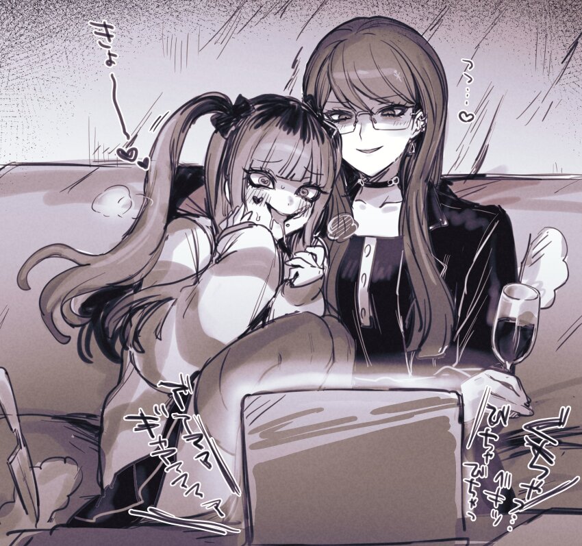 2girls absurdres amemiya_darumi blush bow choker commentary couch cup curled_up dress drink drinking_glass drooling hair_bow hands_up heart heart-shaped_pupils highres holding holding_cup implied_pornography indoors knife long_hair looking_at_object multicolored_hair multiple_girls multiple_hair_bows on_couch open_mouth parted_lips saliva shizuhara_hiruko sitting skirt sound_effects spoken_heart striped_clothes symbol-only_commentary symbol-shaped_pupils the_hundred_line_-last_defense_academy- thighhighs twintails watching_television wine_glass yuri zuzuko