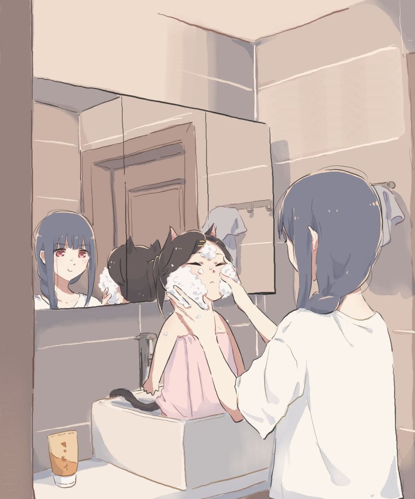2girls animal_ears black_hair blue_hair braid cat_ears cat_tail chibi closed_eyes door faucet hibike!_euphonium highres indoors kasaki_nozomi kemonomimi_mode liz_to_aoi_tori long_hair lyy mirror multiple_girls naked_towel red_eyes reflection side_braid sidelocks sink slice_of_life smile soap_bubbles standing swept_bangs tail towel towel_rack translation_request upper_body washing yoroizuka_mizore