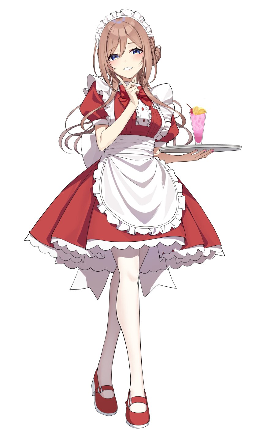 absurdres alternate_costume apron blush bow bowtie brown_hair center_frills commentary_request dress drink enmaided fingernails frilled_apron frills full_body gakuen_idolmaster go-1 highres himesaki_rinami idolmaster long_hair looking_at_viewer maid maid_apron maid_headdress nail_polish pantyhose puffy_short_sleeves puffy_sleeves red_bow red_bowtie red_dress red_footwear short_sleeves simple_background smile tray very_long_hair white_apron white_background white_pantyhose
