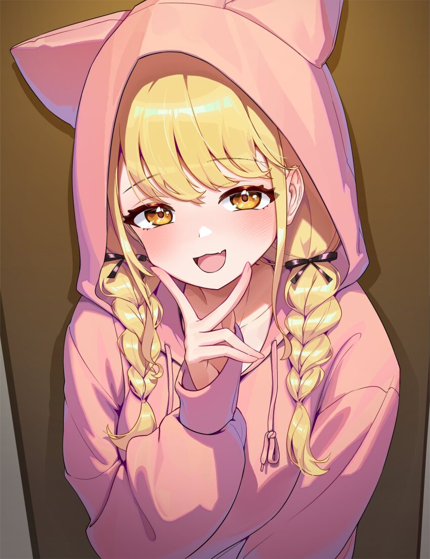 1girl absurdres animal_ears animal_hood black_ribbon blonde_hair blush braid cat_hood collarbone drawstring fang fujita_kotone gakuen_idolmaster hair_over_shoulder hair_ribbon highres hood hoodie idolmaster looking_at_viewer low_twin_braids medium_hair open_mouth orange_eyes rabong ribbon skin_fang sleeves_past_wrists smile solo swept_bangs twin_braids v