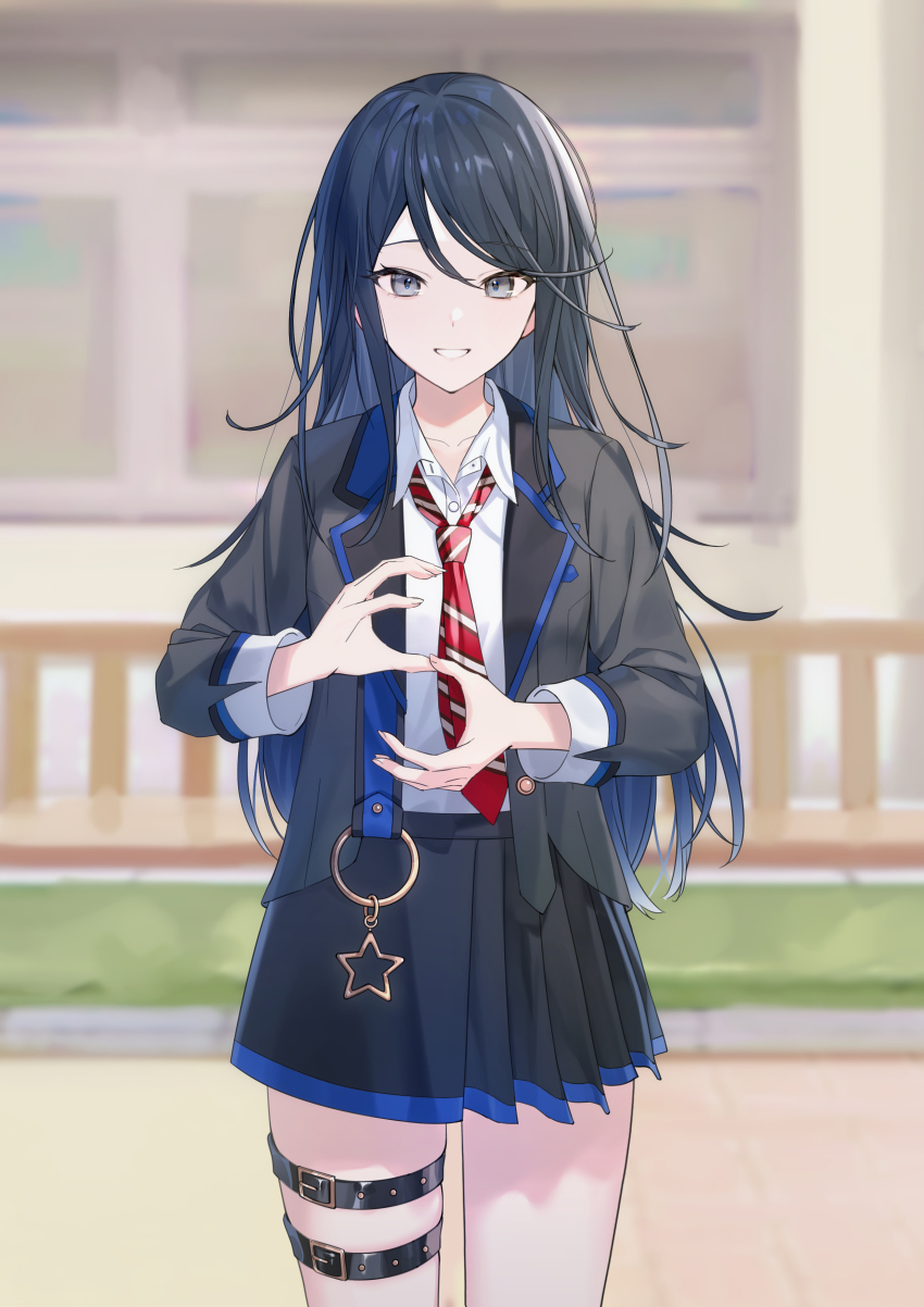 1girl absurdres belt black_hair black_jacket black_skirt blue_hair collared_shirt cowboy_shot gradient_hair grey_eyes grin highres hoshino_ichika_(project_sekai) jacket long_hair looking_at_viewer multicolored_hair necktie open_clothes open_jacket pleated_skirt project_sekai school shirt skirt smile solo thigh_belt thigh_strap timmoo white_shirt