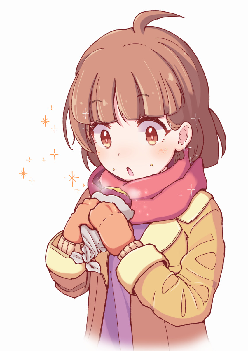 1girl ahoge atari_(puyopuyo) brown_coat brown_eyes brown_hair brown_mittens coat cropped_torso eyelashes food food_on_face highres holding holding_food jazz_grace looking_at_food mittens purple_shirt puyopuyo puyopuyo_quest red_scarf scarf shirt short_hair simple_background solo sparkle sweet_potato white_background winter_clothes
