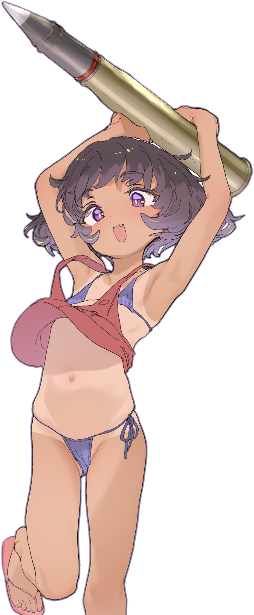 1girl absurdres akiyama_yukari arms_up bad_link bikini blush flat_chest girls_und_panzer grey_hair highres looking_at_viewer mochi_(circle_rin) navel one-piece_tan open_mouth purple_eyes sandals short_hair side-tie_bikini_bottom simple_background smile solo swimsuit tan tank_shell tank_top tanline white_background