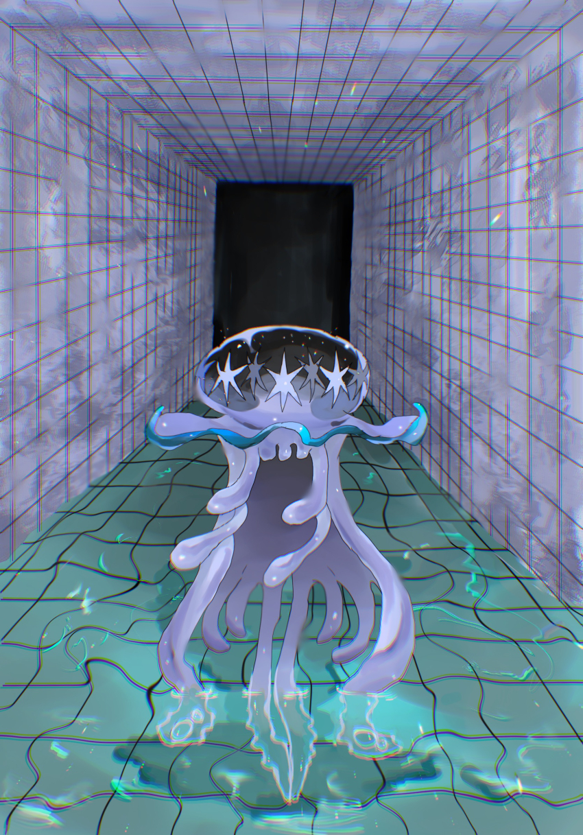 commentary english_commentary facing_viewer gen_7_pokemon highres jellyfish liminal_space mariin_(mrn_8_8) nihilego nintendo no_humans pokemon pokemon_(creature) shadow solo tentacles tile_floor tile_wall tiles ultra_beast water