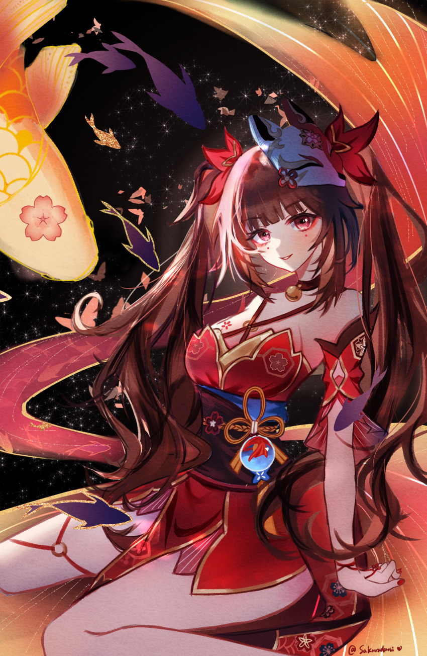 1girl absurdres arm_support bare_legs bare_shoulders bell breasts brown_hair chinese_commentary commentary_request criss-cross_halter detached_sleeves dress eyeliner foot_out_of_frame fox_mask from_side halter_dress halterneck highres honkai:_star_rail honkai_(series) koi long_hair looking_at_viewer makeup mask mask_on_head medium_breasts mole mole_under_eye nail_polish neck_bell night night_sky obi parted_lips red_dress red_eyeliner red_eyes red_nails sakuradani sash short_dress short_sleeves sideboob signature sitting sky smile solo sparkle_(honkai:_star_rail) star_(sky) twintails wariza