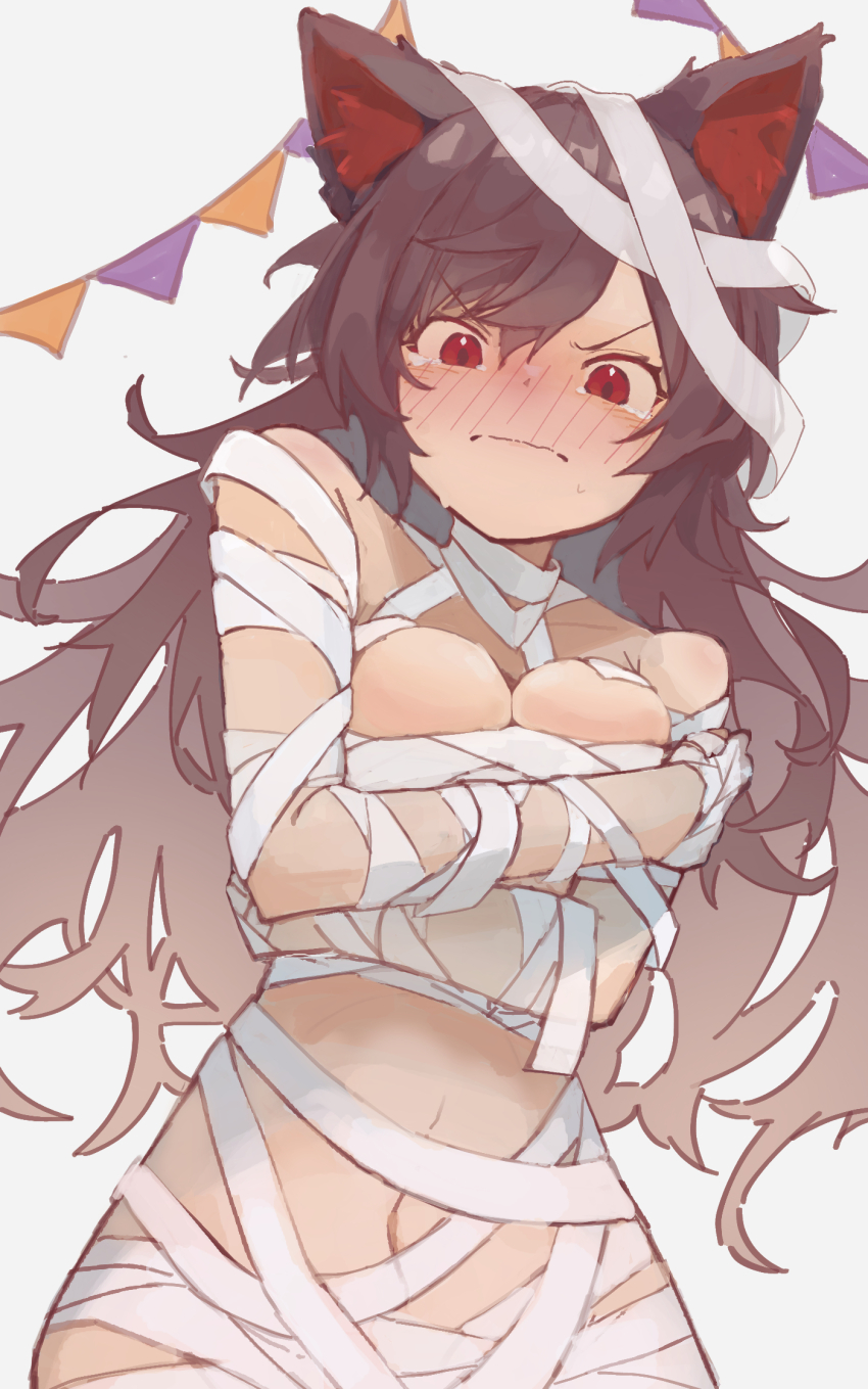1girl animal_ears bandages blush breasts brown_hair highres hinataku1222 imaizumi_kagerou long_hair looking_at_viewer red_eyes shy solo tagme touhou wolf_ears wolf_girl