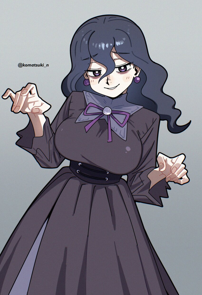 1girl absurdres bags_under_eyes black_dress black_hair blush breasts corset dress earrings ghost_pose goth_fashion grey_background hair_between_eyes hex_maniac_(pokemon) hex_maniac_(pokemon_legends:_z-a) highres jewelry komatsuki_n large_breasts long_dress long_hair long_sleeves looking_at_viewer neck_ribbon nintendo parted_lips pokemon pokemon_legends:_z-a purple_eyes purple_ribbon ribbon simple_background smile solo twitter_username wavy_hair