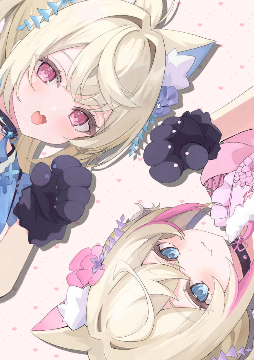 2girls animal_ear_fluff animal_ears animal_hands black_choker blonde_hair blue_eyes blue_hair blush choker close-up commentary dog_ears dog_girl fang flower fuwawa_abyssgard gloves hair_flower hair_intakes hair_ornament heart heart_background highres hololive hololive_english looking_at_viewer medium_hair mococo_abyssgard multicolored_hair multiple_girls open_mouth paru_(parunprunpa) paw_gloves pink_eyes pink_hair siblings sisters skin_fang streaked_hair twins upper_body virtual_youtuber