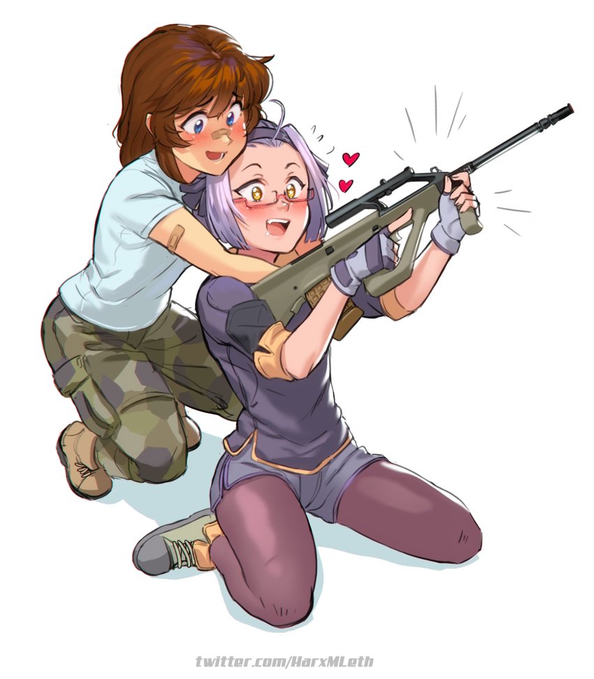 2girls assault_rifle bandaid bandaid_on_face bandaid_on_nose blush boots borrowed_character brooke_(mleth) bullpup camouflage camouflage_pants cargo_pants commentary dolphin_shorts english_commentary extended_barrel fingerless_gloves freckles full_body gloves gun heart highres holding holding_gun holding_weapon hug hug_from_behind mleth multiple_girls nose_blush original pants pantyhose pantyhose_under_shorts red-framed_eyewear rifle semi-rimless_eyewear shirt short_hair shorts sitting steyr_aug t-shirt under-rim_eyewear wariza weapon x95_(jarv) yuri