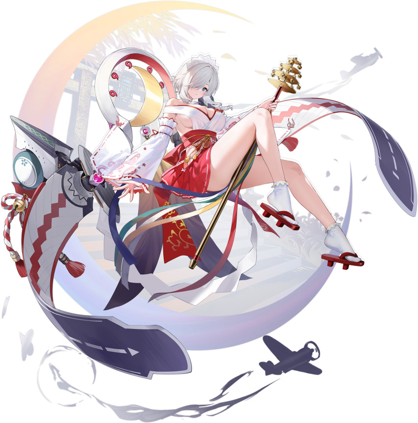 1girl absurdres aircraft artist_request azur_lane between_thighs blue_eyes breasts crescent dead_or_alive dead_or_alive_xtreme detached_sleeves full_body geta hakama highres japanese_clothes large_breasts legs luna_(doa) mery_(yangmalgage) non-web_source nontraditional_miko official_art on_crescent one_eye_closed red_footwear red_hakama ribbon sandals shirt short_hair sidelocks silhouette sleeves_past_wrists socks thighs white_hair white_headwear white_shirt white_socks