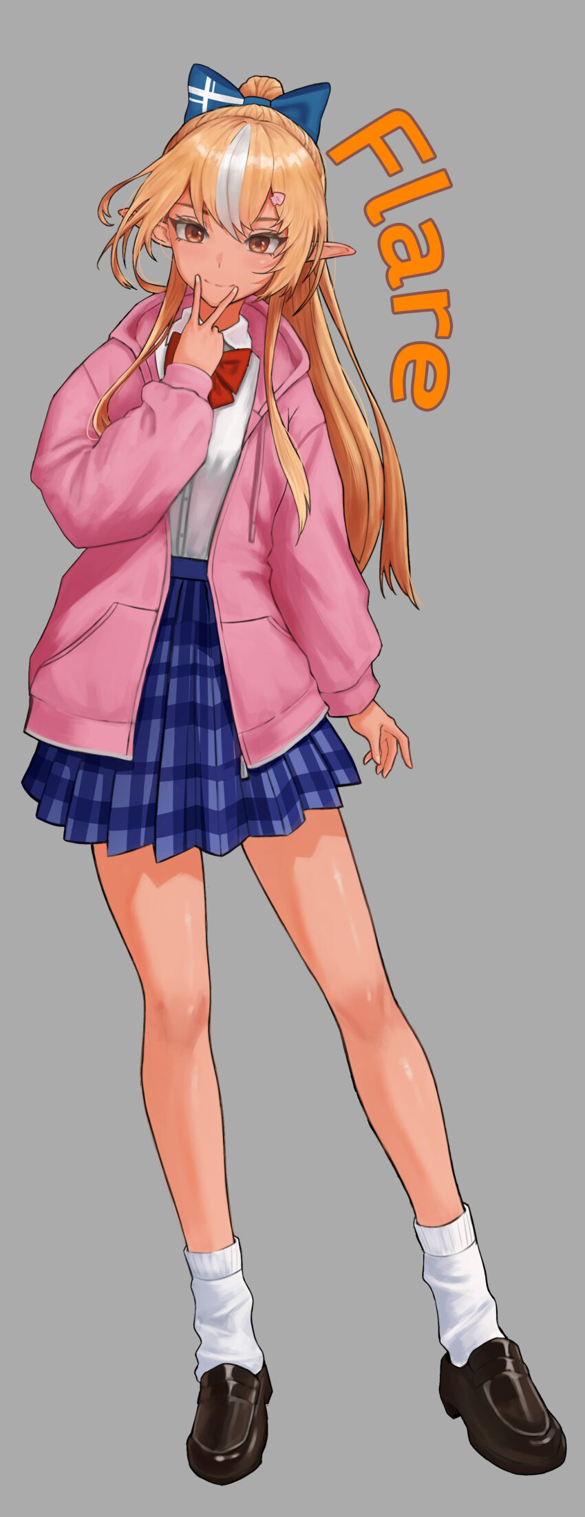1girl absurdres alternate_costume ankle_socks black_shoes blonde_hair blue_skirt bow bowtie character_name closed_mouth commentary_request dark-skinned_female dark_skin elf full_body grey_background hair_bow highres hololive jacket legs long_hair long_sleeves looking_at_viewer multicolored_hair mung_mong open_clothes open_jacket orange_eyes pink_jacket pleated_skirt pointy_ears ponytail red_bow red_bowtie school_uniform shiranui_flare shirt shoes sidelocks simple_background skirt smile socks solo standing straight-on streaked_hair v v_over_mouth virtual_youtuber white_hair white_shirt white_socks