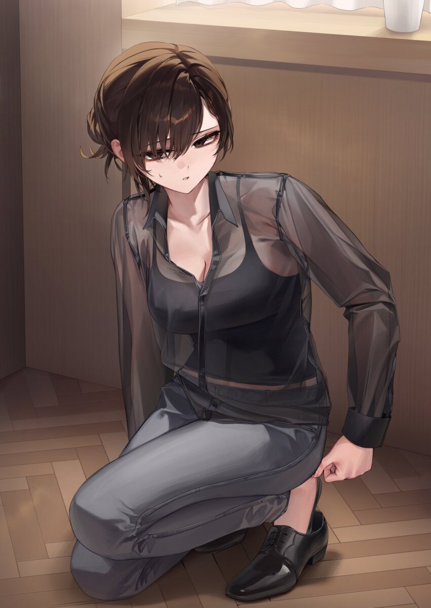 1girl adjusting_footwear black_eyes black_shirt black_shoes black_tank_top breasts brown_hair cleavage collarbone collared_shirt commentary_request grey_pants highres indoors large_breasts looking_at_viewer original pants parted_lips sabotensuteeki see-through_clothes see-through_shirt shirt shoes short_hair solo squatting tank_top
