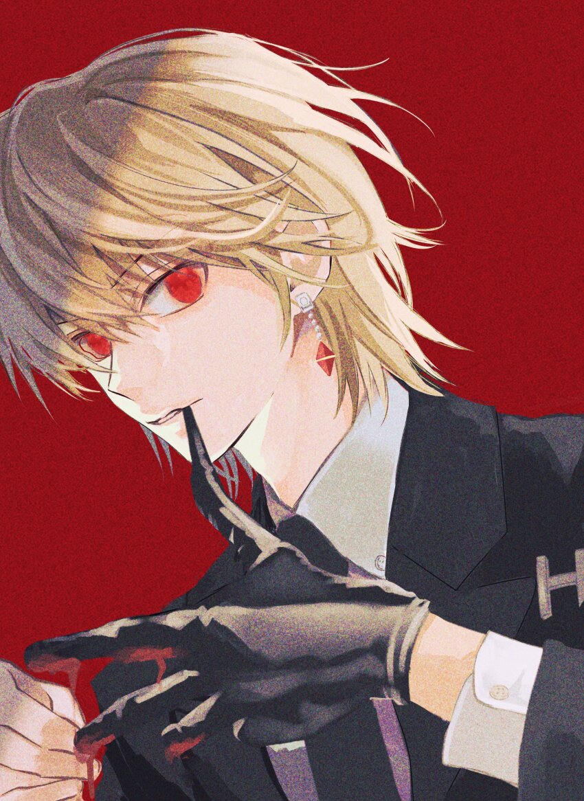 1boy absurdres biting black_gloves blonde_hair collared_shirt earrings formal_clothes from_side biting_glove gloves hair_between_eyes highres hunter_x_hunter jewelry kurapika looking_at_viewer male_focus minato_x3710 necktie red_background red_eyes shirt short_hair simple_background solo suit upper_body white_shirt