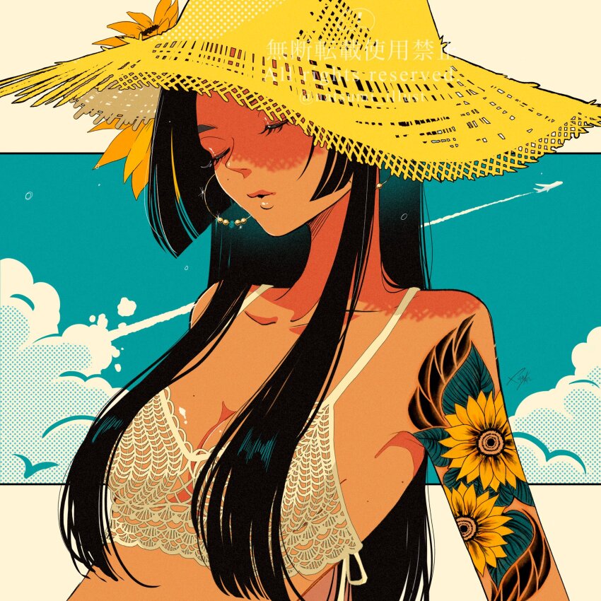 1girl bikini black_hair breasts cleavage closed_eyes cloud cloudy_sky collarbone dithering earrings flower flower_tattoo halterneck hat hat_flower highres hoop_earrings jewelry lace_bikini long_hair original shoulder_tattoo sidelocks signature sky solo straw_hat sunflower swimsuit tattoo upper_body watermark white_bikini yatsuki_natsumi yellow_hat