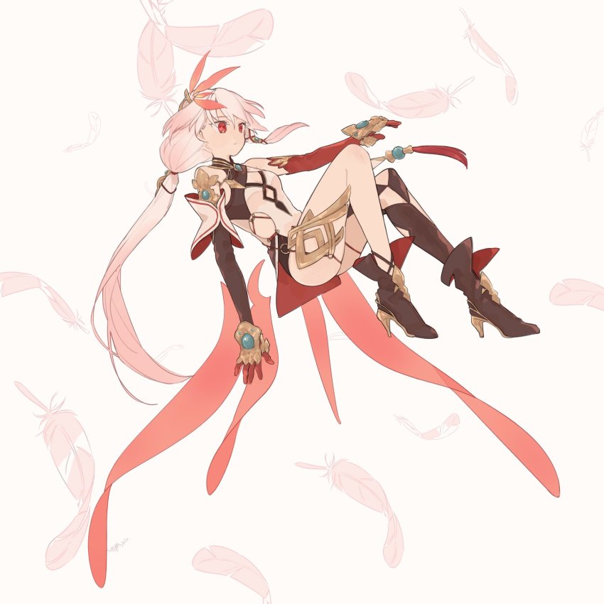 1girl asymmetrical_gloves brown_footwear brown_gloves brown_thighhighs china_dress chinese_clothes closed_mouth dress elbow_gloves feathers fu_hua fu_hua_(phoenix) full_body gloves hair_ornament highres honkai_(series) honkai_impact_3rd mismatched_gloves mogomaco ponytail red_eyes red_gloves simple_background single_thighhigh solo thighhighs white_background white_dress white_hair