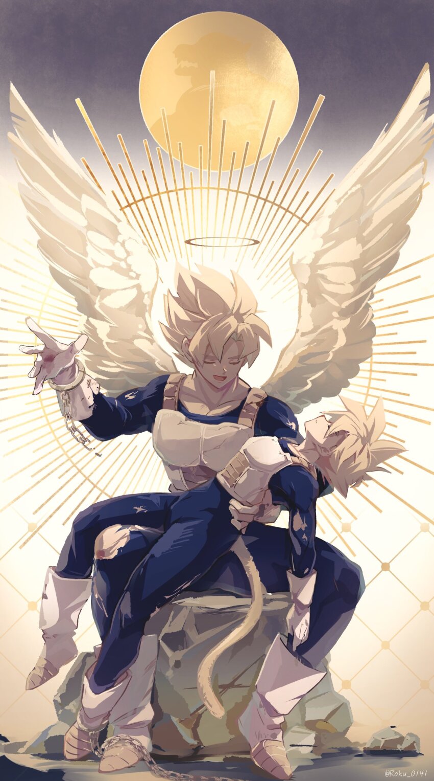 2boys absurdres angel_wings armor blonde_hair blue_bodysuit bodysuit boots broken broken_chain chain closed_eyes commentary_request cuffs dragon_ball dragonball_z father_and_son gloves handcuffs highres male_focus monkey_tail moon multiple_boys rock roku_(roku_0141) scraped_knee shackles sitting son_gohan son_goku super_saiyan super_saiyan_1 tail torn_clothes white_footwear white_gloves wings