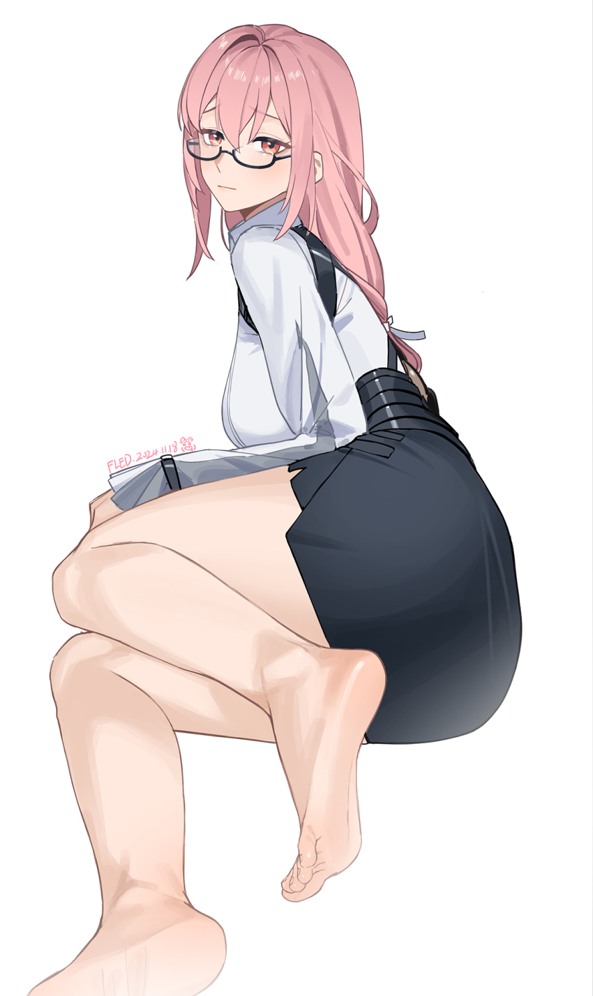 1girl artist_name bare_legs barefoot black_skirt breasts closed_mouth dated dress_shirt feet fled foot_out_of_frame furrowed_brow glasses hair_between_eyes highres large_breasts light_blush long_hair looking_at_viewer pencil_skirt pink_eyes pink_hair shirt sidelocks simple_background skirt soles solo toes tsukishiro_yanagi white_background white_shirt zenless_zone_zero