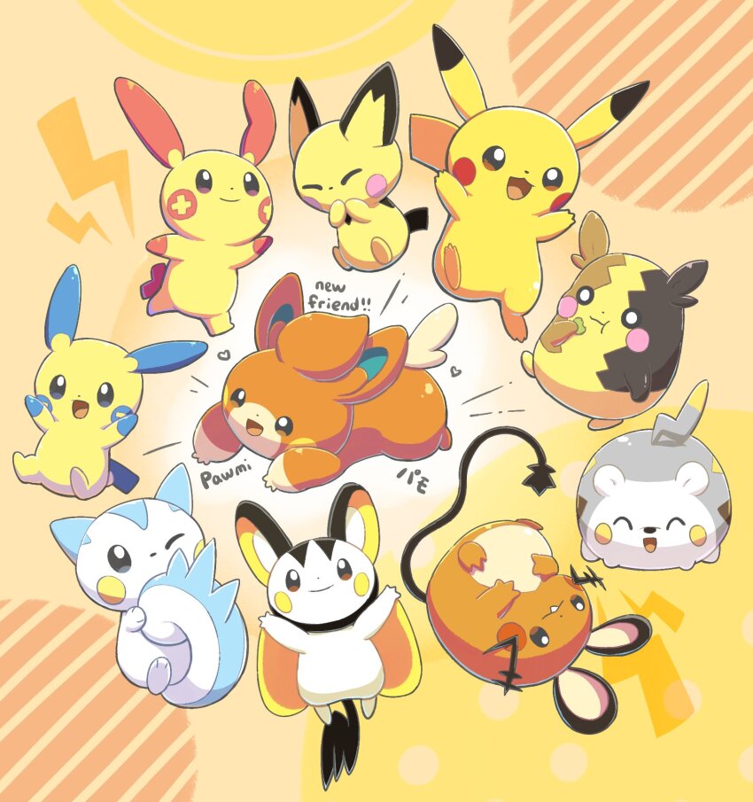 :3 :d :t ^_^ aquabluu arms_up black_eyes brown_eyes buck_teeth character_name closed_eyes closed_mouth commentary creatures_(company) dedenne eating emolga english_commentary english_text food game_freak gen_1_pokemon gen_2_pokemon gen_3_pokemon gen_4_pokemon gen_5_pokemon gen_6_pokemon gen_7_pokemon gen_8_pokemon heart highres holding holding_food holding_own_tail lightning_bolt_symbol minun morpeko morpeko_(full) nintendo no_humans o_o one_eye_closed open_mouth orange_background pachirisu pawmi pichu pikachu plusle pokemon pokemon_(creature) simple_background smile tail teeth togedemaru upside-down