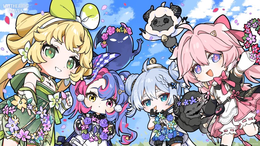 4girls absurdres ahoge blonde_hair blue_eyes blue_hair blue_sky bow cloudy_(wuthering_waves) commentary cosmos_(wuthering_waves) day dress encore_(wuthering_waves) english_commentary fingerless_gloves gloves green_dress green_eyes hair_between_eyes hair_bow heterochromia highres long_hair looking_at_viewer multiple_girls official_art outdoors pink_bow pink_eyes pink_hair roccia_(wuthering_waves) sky smile tacet_mark_(wuthering_waves) twintails verina_(wuthering_waves) white_gloves wuthering_waves yellow_eyes youhu_(wuthering_waves)