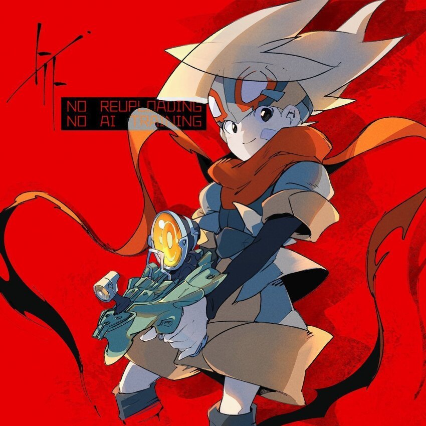 1boy black_eyes blonde_hair bokura_no_taiyou commentary_request cowboy_shot django_(boktai) gun highres holding holding_gun holding_weapon male_focus medium_hair missing_commentary red_background red_scarf scarf simple_background solo to_i_to_io watermark weapon