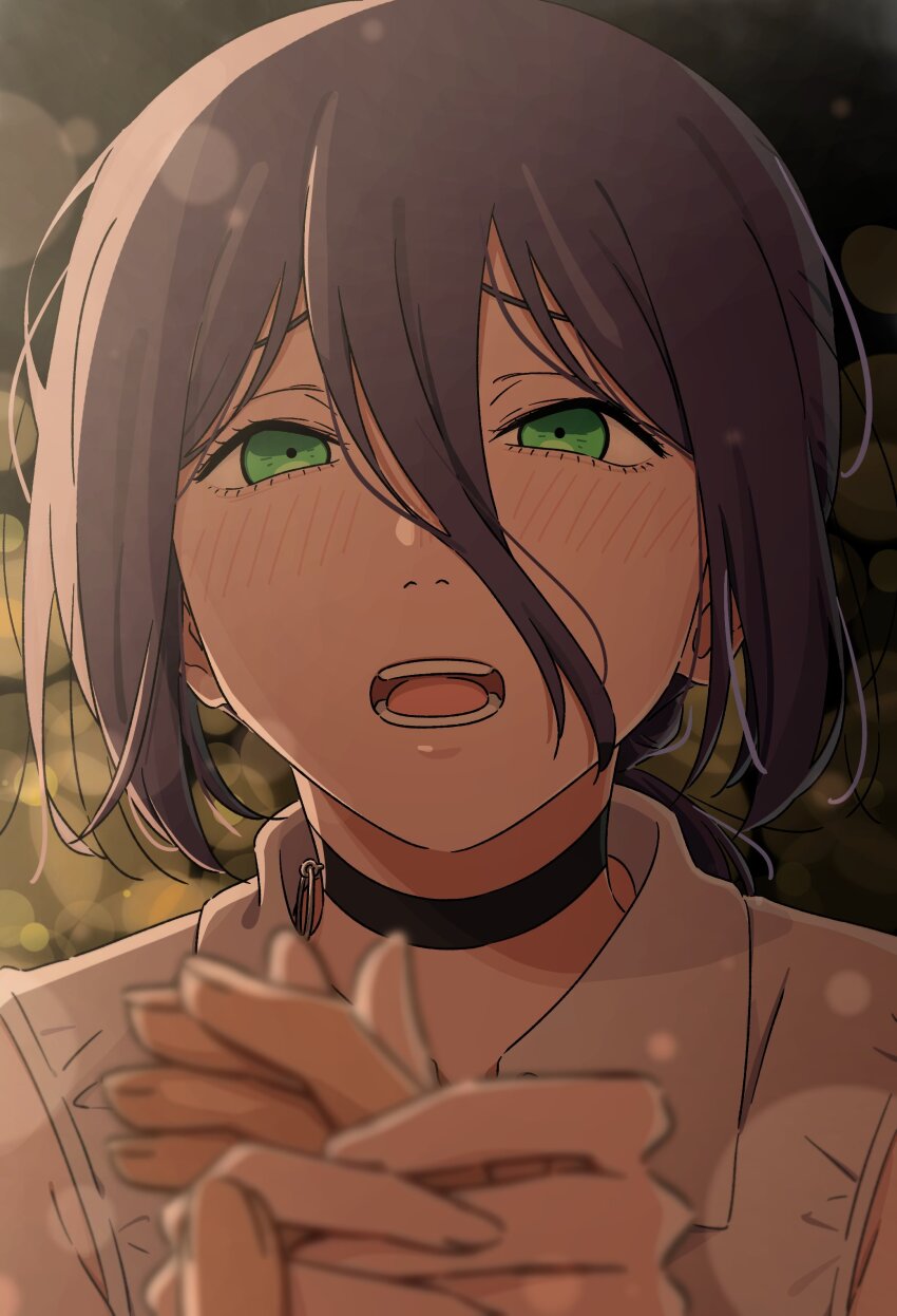 1girl 1other absurdres black_choker black_hair chainsaw_man choker collared_shirt commentary_request green_eyes hair_between_eyes hair_bun highres holding_hands lens_flare light_blush long_hair_between_eyes looking_at_viewer mayo_(oekaki_bibbi) open_mouth portrait pov pov_hands reze_(chainsaw_man) shirt short_hair solo_focus white_shirt