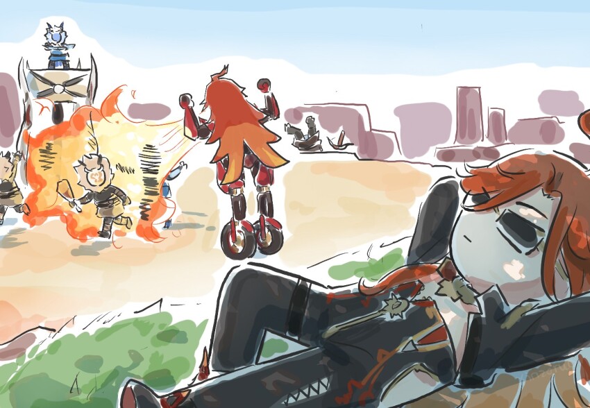 1girl arms_behind_head black_bodysuit black_jacket blonde_hair bodysuit chibi commentary day fire flamestrider_(genshin_impact) genshin_impact hilichurl_(genshin_impact) jacket long_hair lying mavuika_(genshin_impact) multiple_boys on_back open_clothes open_jacket orange_hair outdoors solo_focus sunglasses symbol-only_commentary xinzoruo