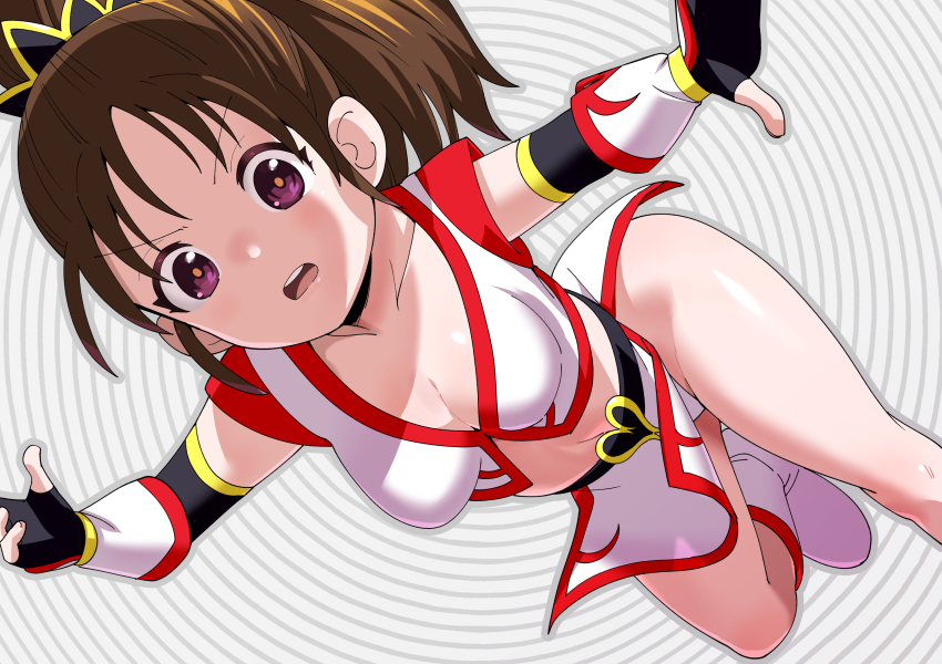1girl breasts brown_hair character_request cleavage collarbone fingerless_gloves gloves highres long_hair looking_at_viewer navel open_mouth panties ponytail purple_eyes skirt solo toku_sonchou underwear white_background white_panties