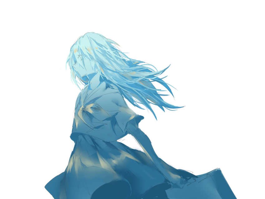 1girl bare_arms blue_theme chinese_commentary commentary_request cowboy_shot dinned expressionless eyelashes eyes_visible_through_hair floating_clothes floating_hair hair_between_eyes highres long_hair long_skirt looking_ahead neckerchief original pleated_skirt pointy_nose sailor_collar school_uniform serafuku shirt short_sleeves simple_background skirt solo standing white_background wind