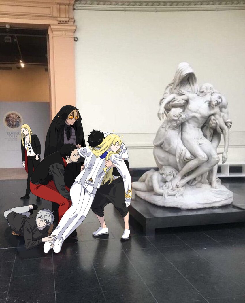 6+boys absurdres ascot beryl_gut black_coat black_hair black_necktie black_pants black_shirt black_vest blonde_hair blue_ascot borrowed_clothes capri_pants closed_eyes closed_mouth coat coat_on_head crop_top crypters_(fate/grand_order) daybit_sem_void earrings el_descendimiento_(virginio_arias) facial_hair fate/grand_order fate_(series) formal_clothes fujimaru_ritsuka_(male) fujimaru_ritsuka_(male)_(summer_street) glasses gloves goatee_stubble gold_trim grey_hair grey_pants grey_sweater hair_between_eyes hair_slicked_back hand_on_another&#039;s_waist highres holding_another&#039;s_foot holding_another&#039;s_leg hunyangzi indoors jacket jewelry kadoc_zemlupus kirschtaria_wodime long_hair long_sleeves looking_at_another looking_at_viewer lying male_focus marble_(stone) marble_sculpture medallion multiple_boys museum necktie on_stomach orange-tinted_eyewear pants parody parted_hair photo_background pointy_ears red_pants shirt shoes short_hair short_sleeves sparkle standing striped_clothes striped_sweater stubble suit sunglasses sweatdrop sweater tezcatlipoca_(fate) tinted_eyewear vest white_footwear white_gloves white_jacket white_pants white_shirt white_suit yellow_eyes