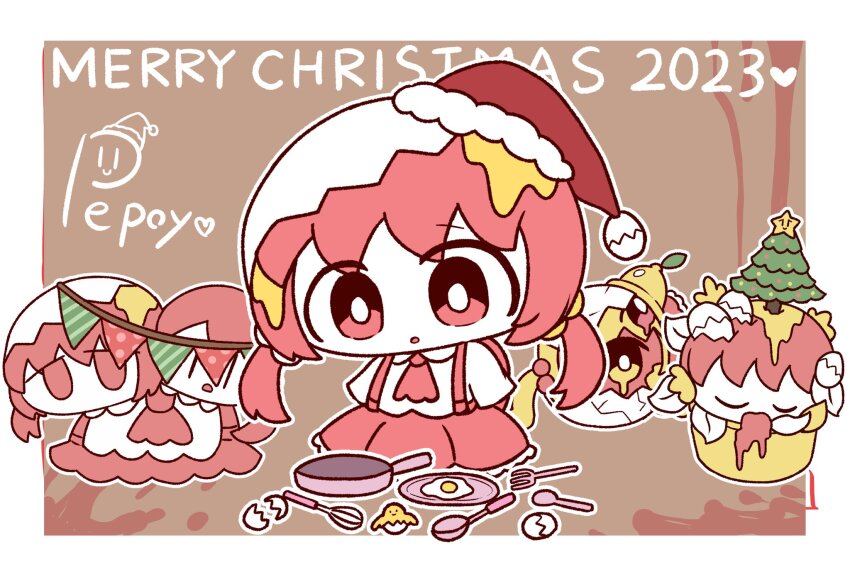 1girl :o amputee artist_name ascot baby_animal backpack bag bird border bright_pupils brown_background chibi chibi_only chick collared_shirt commentary_request egg_(food) eggshell eggshell_hat food fork fried_egg frying_pan full_body hair_bobbles hair_ornament hat heart highres imigo_no_tamago_(vocaloid) kaai_yuki long_hair looking_at_object low_twintails merry_christmas official_art open_mouth outline outside_border pepoyo quadruple_amputee red_ascot red_bag red_eyes red_hair red_hat red_skirt santa_hat shirt short_sleeves simple_background single_eyebrow skirt solo spoon tongue twintails vocaloid whisk white_border white_outline white_pupils |_|