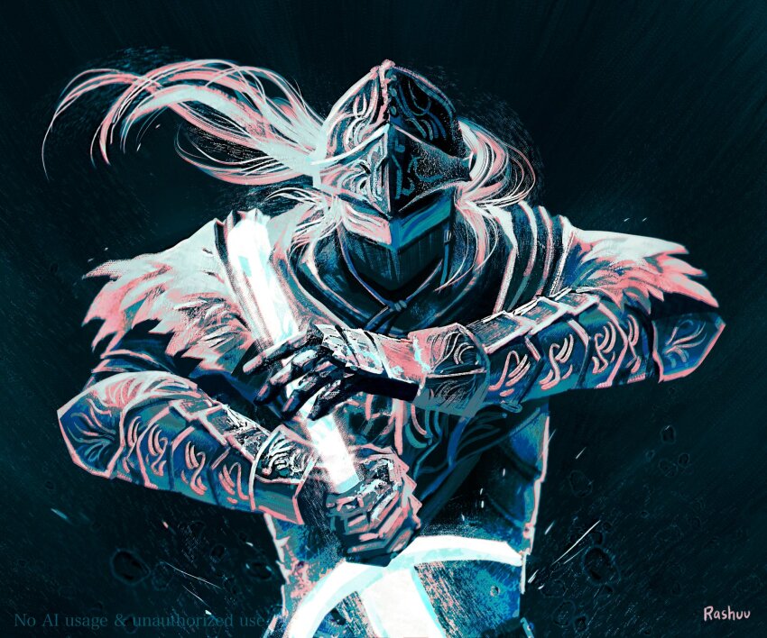 1other ambiguous_gender armor artist_name black_background bloody_wolf_(elden_ring) elden_ring helmet highres holding holding_sword holding_weapon limited_palette long_hair rashuu standing sword tarnished_(elden_ring) twitter_username upper_body watermark weapon