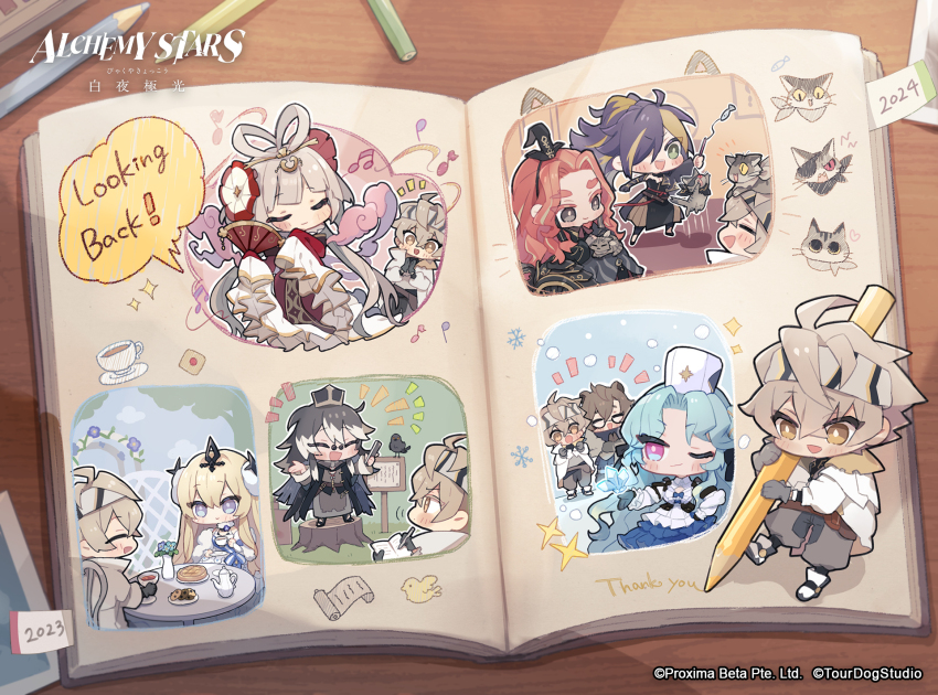2023 2024 4boys 4girls alchemy_stars animal animal_on_lap antony_(alchemy_stars) arch bethlehem_(alchemy_stars) blue_skirt brown_hair brown_hairband cat cat_on_lap chibi closed_eyes coat cookie cup dantang_(alchemy_stars) dress english_text eyebrows_hidden_by_hair eyepatch floral_arch food frilled_dress frilled_skirt frills fur_hat hair_ornament hair_rings hairband hand_fan hat highres holding holding_animal holding_cat holding_cup holding_fan holding_notebook holding_plate indoors li_tianxian_(alchemy_stars) long_bangs long_hair looking_at_another multiple_boys multiple_girls musical_note navigator_(alchemy_stars) notebook official_art on_lap one_eye_closed outdoors pencil petting photo_album pie plant plate potted_plant red_dress red_hair second-party_source short_hair signpost skirt snowing table taking_notes teacup teapot tree_stump two-tone_dress very_long_hair white_dress xuan_ji_(alchemy_stars) zarya_(alchemy_stars) zhong_xu_(alchemy_stars)