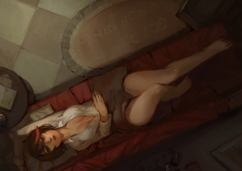 10s 1girl 3four arms_up bare_legs barefoot black_hair blue_eyes breasts checkered_floor cleavage collared_shirt couch female_focus from_above kill_la_kill long_sleeves looking_at_viewer lying matoi_ryuuko multicolored_hair on_back on_couch open_clothes open_shirt painterly parted_lips red_hair red_upholstery shirt short_hair solo streaked_hair table white_shirt