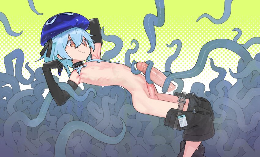 1boy absurdres arknights black_gloves blue_hair blue_hat closed_mouth clothes_pull commentary commission disembodied_penis elbow_gloves english_commentary erection feet_out_of_frame from_side gloves halftone halftone_background hat highres male_focus mizuki_(arknights) nipples nude orange_eyes pants pants_pull penis pshuuu short_hair smile tentacles trap uncensored variant_set