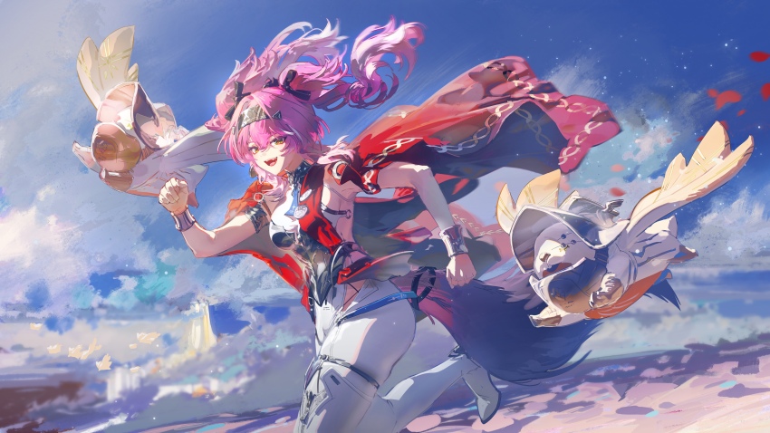 1girl absurdres armlet armor black_bow blue_sky bodysuit boots bow breastplate breasts day hair_bow hairband highres jewelry looking_at_viewer lupa_(wuthering_waves) medium_breasts metal_hairband missing_commentary multiple_hair_bows open_mouth outdoors pink_hair rafaelaaa red_sash running sash sky smile solo tacet_discord_(wuthering_waves) tail thigh_boots twintails white_bodysuit white_boots wolf_tail wrist_guards wuthering_waves yellow_eyes
