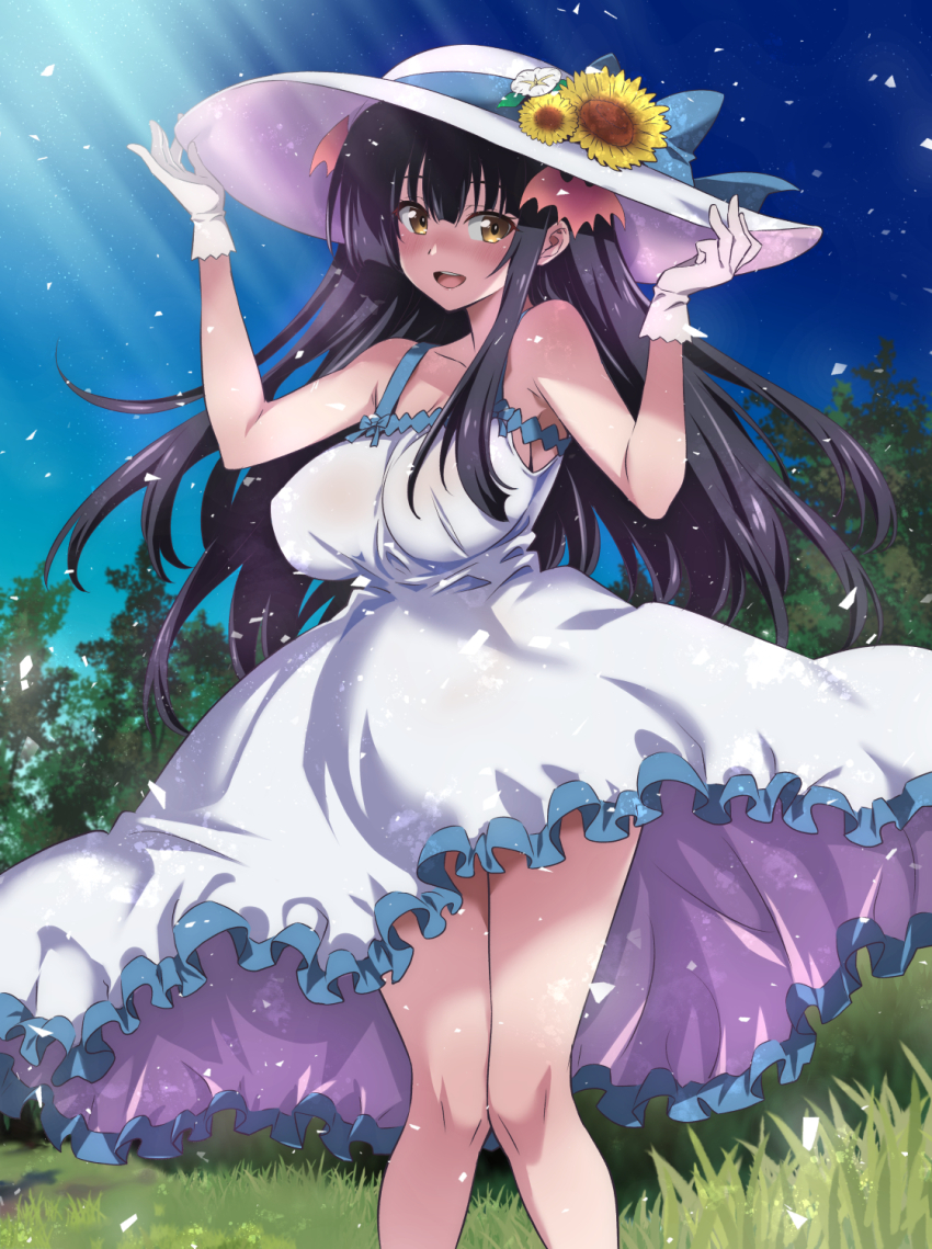1girl _guy) black_hair blue_bow bow breasts brown_eyes day dress flower gloves grass hat highres knees_together_feet_apart large_breasts nakahira_guy open_mouth original outdoors solo summer sun_hat sun_hat_ornament sunflower tokyo_succubus tree white_dress white_flower white_gloves yellow_flower yuna_(nakahira_guy)
