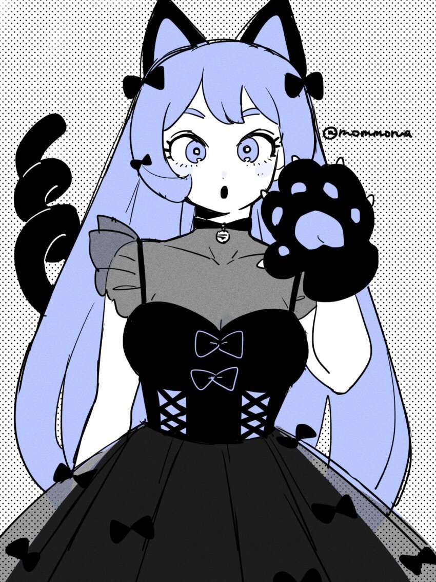 1girl :o alternate_costume animal_ears animal_hands black_bow black_dress blue_eyes boku_no_hero_academia bow cat_ears cat_paws cat_tail commentary_request dress hado_nejire hair_bow hand_up highres long_hair looking_at_viewer mommorua open_mouth solo tail twitter_username
