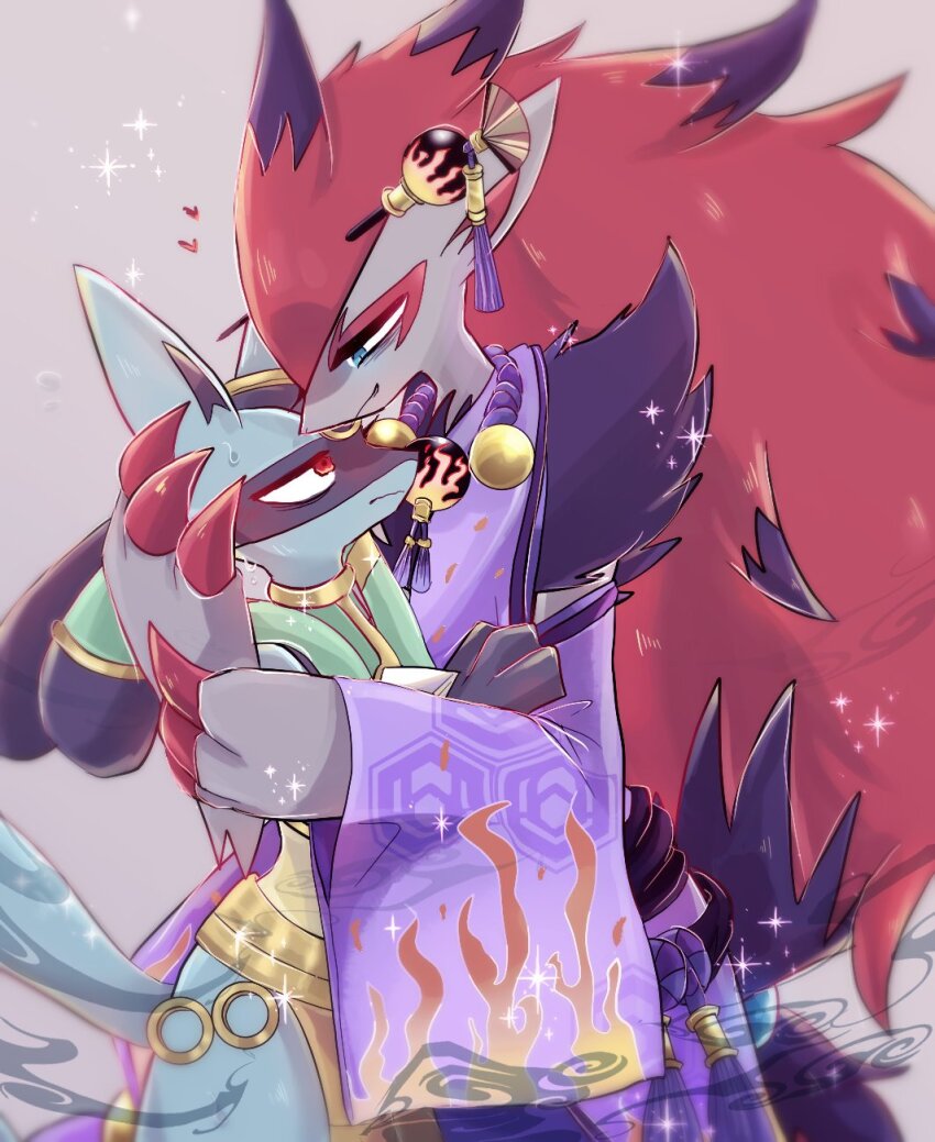 black_fur blue_eyes blue_fur claws clothed_pokemon game_freak gen_4_pokemon gen_5_pokemon grey_background grey_fur hair_ornament hairpin highres hug japanese_clothes kimono looking_at_another lucario lucario_(ruins) nintendo pokemon pokemon_(creature) pokemon_unite prrll_kzk purple_kimono red_eyes red_fur simple_background sparkle sweat zoroark zoroark_(ghost)